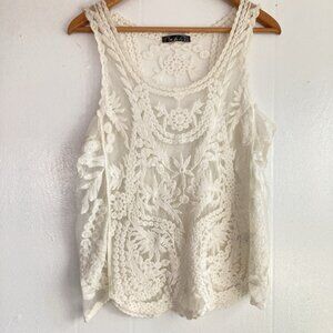 Sleeveless Top Embroidered Stretch Lace Tank Ooh La La Off White Coquette XL